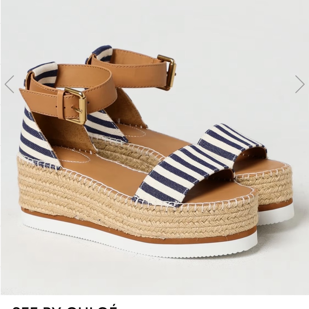 See By Chloe Women's Striped platform Espadrille Sandals - Navy and Tan - NIB